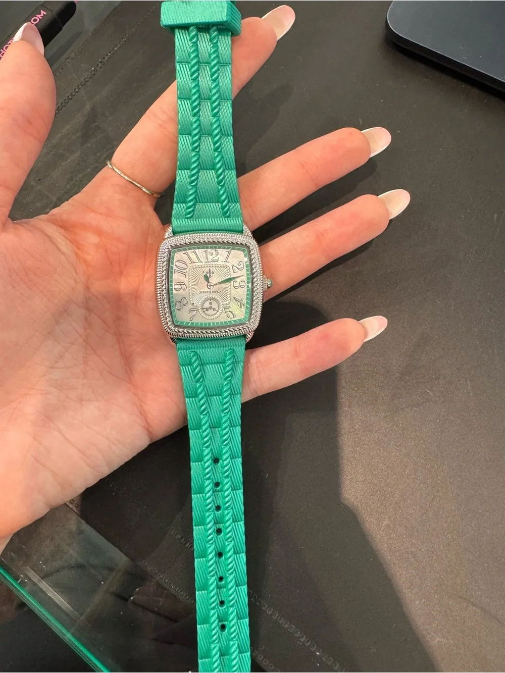 New Judith Ripka Women's Square Mother of Pearl Watch teal Silicone Band